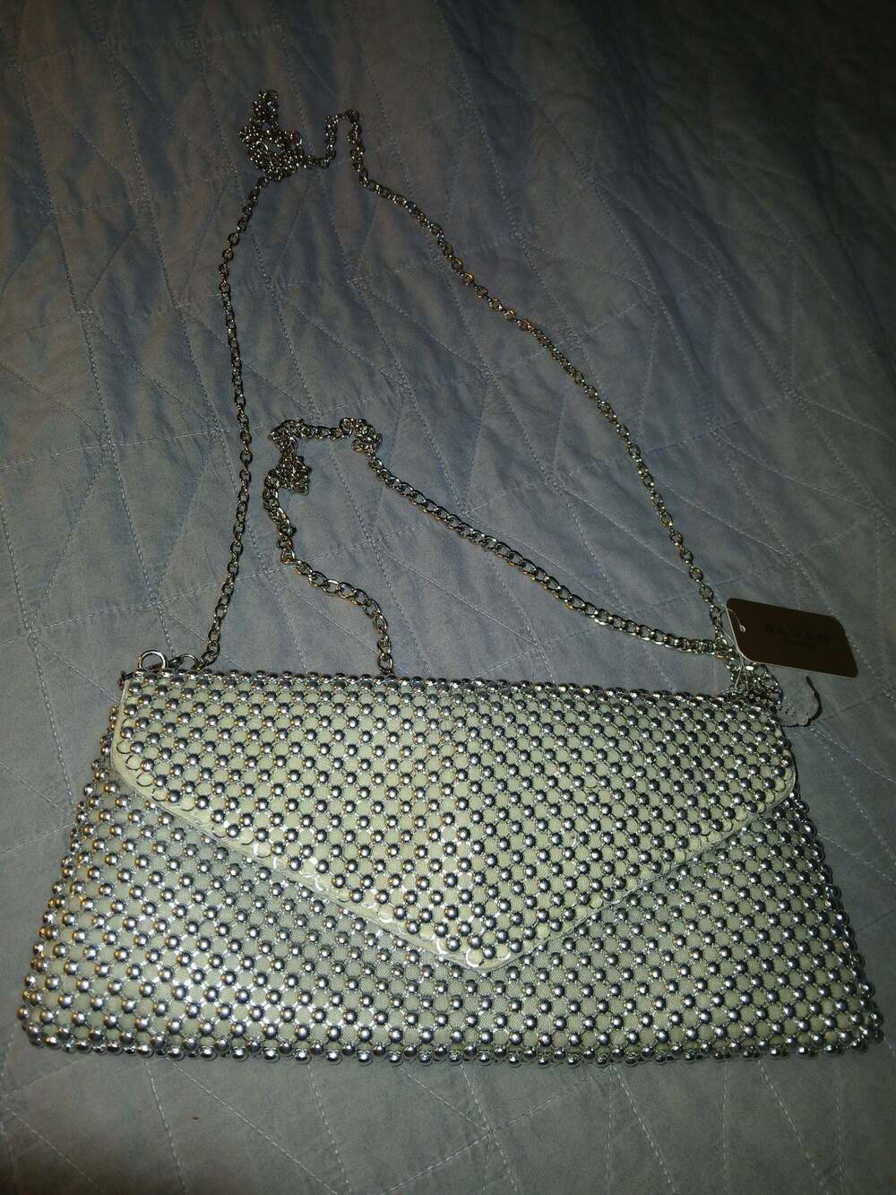 Blush Evening Silver Rhinestone Beaded Envelope Clutch with Chain Strap